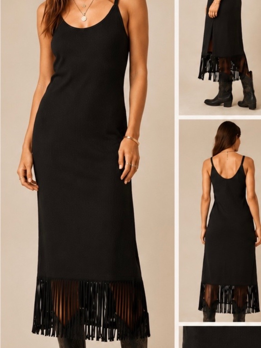 Idyllwind Miranda Lambert Rib Knit Black Fringe Midi Dress Sz M